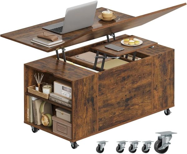 Woltu Couchtisch (1-St), höhenverstellbar mit Rollen, Hebeplatte Schublade