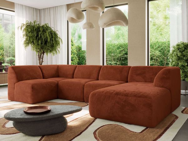 Modulares XXL-Ecksofa MODARO 5M, U-Form, Wohnlandschaft, 5-teilig, freistehend, Wohnzimmer Couch, HR-Schaumstoff - Orange Plüsch - Rechts