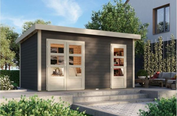 Mittelwandhaus Mattrup - 424x274 cm, 28 mm Holz terragrau, Karibu