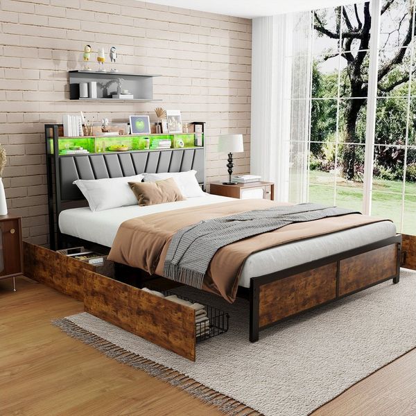 Furnishings Home Polsterbett Stauraumbett Doppelbett LED (1 tlg, Mit Vier extra große Schubladen), Mit LED-Beleuchtung, USB & TYPE-C, Buchsen, Kunstleder, 180x200 cm