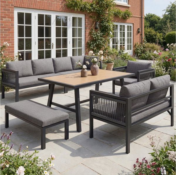REDOM Gartenlounge-Set Ecksofa mit Tisch & Hocker, (wetterfestes Stahlgestell, strapazierfähige Sitzkissen in Grau/Beige, Outdoor Lounge für Balkon & Terrasse, 1-tlg)