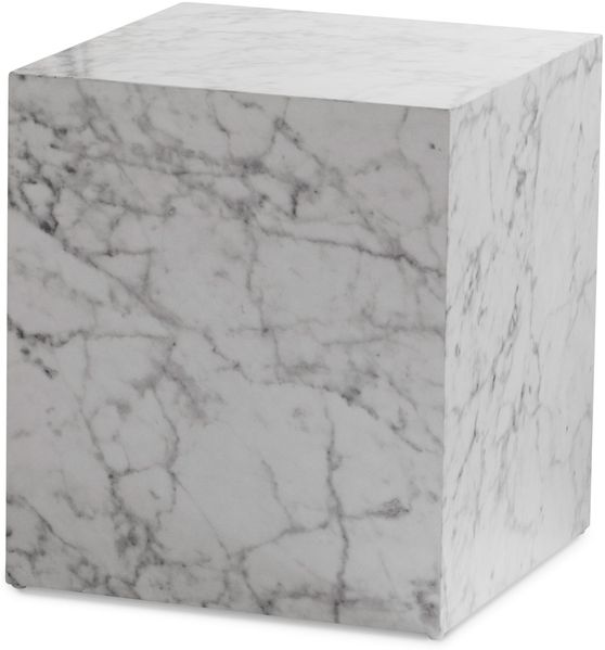 Couchtisch MONOBLOC 40 x 40 x 45 cm Weiß Hochglanz mit Marmor Optik, Wohnzimmertisch Cube Quadratisch, Design Sofatisch, Lounge Beistelltisch Würfel-Form