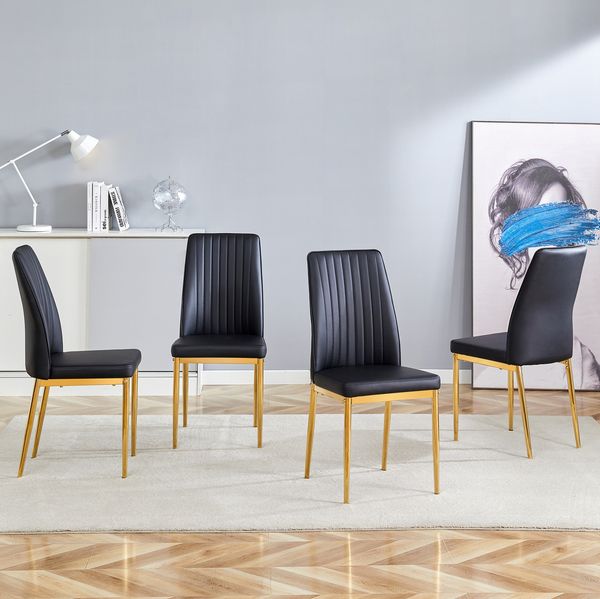 Esszimmerstuhl 4er-Set in Schwarz aus PU-Leder, 43 x 42,5 x 92,5 cm, mit goldenen Metallbeinen