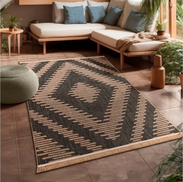 Paco Home Teppich Cologne 494, rechteckig, Höhe: 11 mm, Flachgewebe, meliert, Rauten Motiv, mit Fransen, Outdoor geeignet