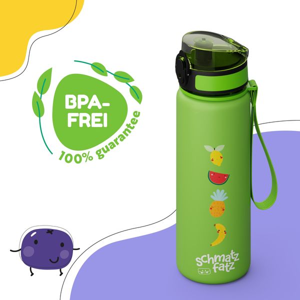 schmatzfatz Trinkflasche Kinder 500ml - Auslaufsicher, BPA-frei, 1-Klick-Verschluss, Tritan, Kinderfreundliches Design, Geeignet für Kohlensäurehaltige Getränke, Green Fruit