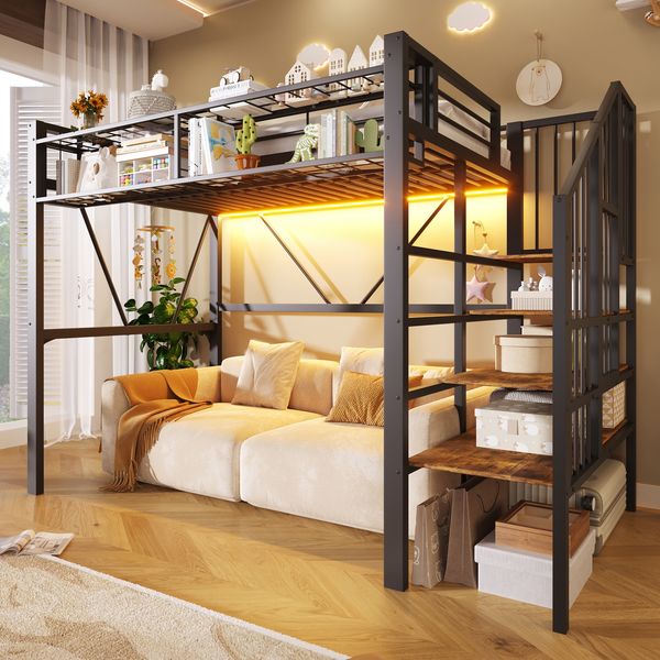 Hochbett, 90x200 cm, Metallbett, Stufen-Ablageregal, Gitterelemente, Aufbewahrungskorb, offener Stauraum unter dem Bett,mit LED-Lichtleiste, ohne Matratze, Schwarz