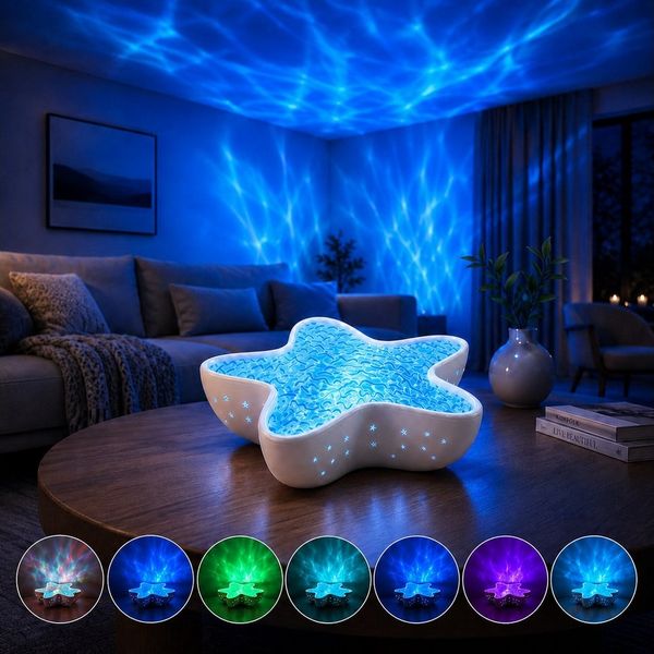 ANYSUN LED-Sternenhimmel Projektor Seestern Sternenprojektor Lampe mit 7 Lichtmodi, stufenlos dimmbar, 1200 mAh Akku, LED fest integriert, USB-C wiederaufladbar Nachtlicht für Kinder Erwachsene, Schlafzimmer