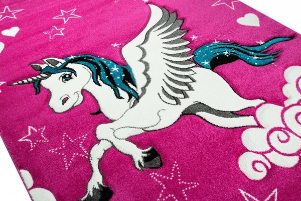 TeppichHome24 Kinderteppich Kinderteppich Einhorn mit Pink Creme Türkis, rechteckig, Höhe: 1.3 mm