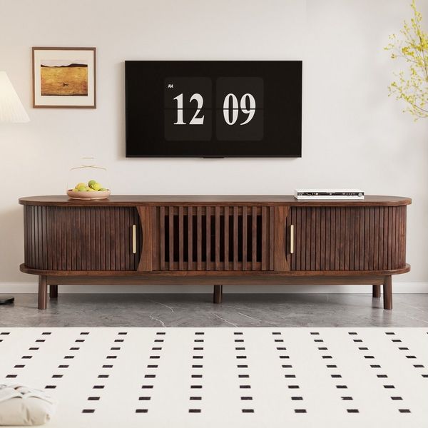 MODFU Lowboard Retro-Stil mit Schiebetüren (Fernsehschrank, Wohnzimmermöbel, TV-Board, 1 St, passend für TV-Ständer bis zu 65 Zoll), mit nach unten klappbarer Hohlschranktür