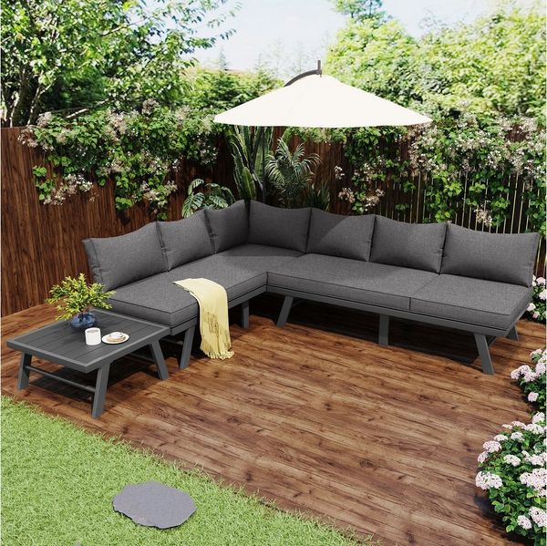 MODFU Gartenlounge-Set 6-Sitzer Gartenmöbel Sofagarnitur aus Aluminium, (Dunkelgraues Aluminiumgestell mit Schutzfüßen, 3-tlg, Lounge-Set für 5-6 Personen)