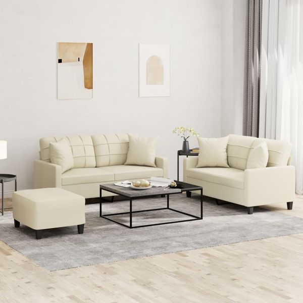 vidaXL 3-tlg. Sofagarnitur mit Kissen Creme Kunstleder 3201374