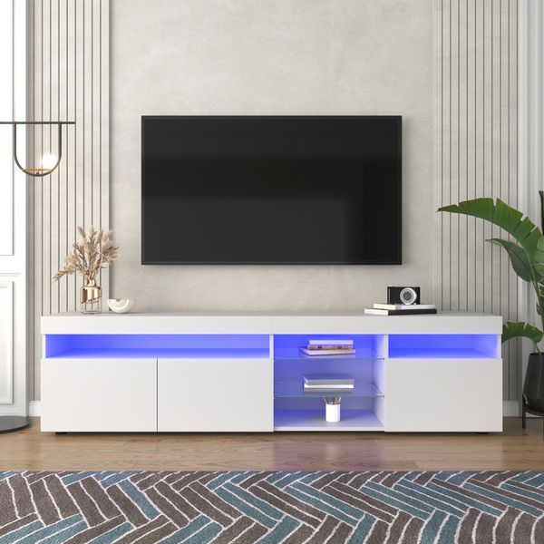 Moderner, weißer TV-Ständer mit Hochglanzfront und dimmbarer LED-Beleuchtung, geeignet für Wohn- und Esszimmer, 180 cm.