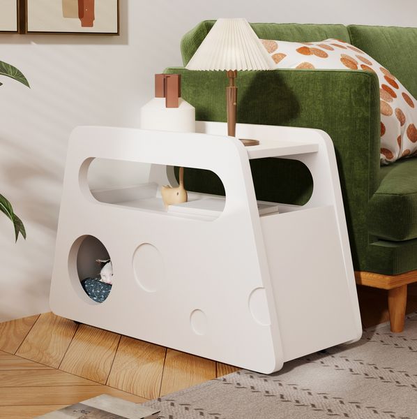 Beistelltisch 81x33x51,5 cm in Weiß – mobiler, platzsparender Tisch mit abgerundetem Design
