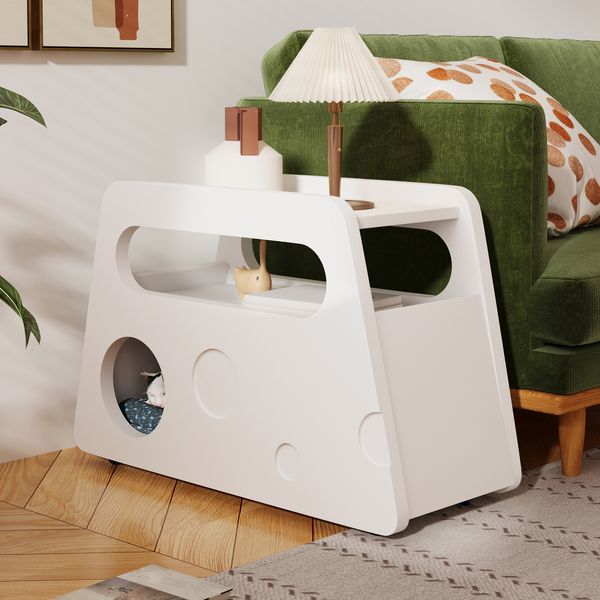 Beistelltisch 81x33x51,5 cm in Weiß – mobiler, platzsparender Tisch mit abgerundetem Design