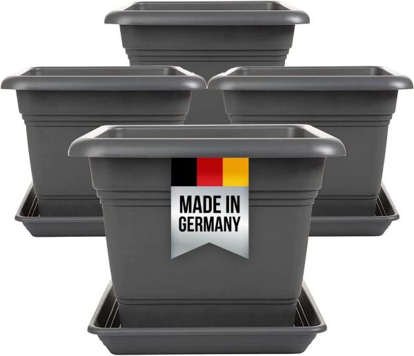 Centi Pflanzkübel Blumentopf Groß Außen, Pflanzkübel Gross eckig mit Untersetzer (Spar Set, 4 St, 40x40 cm), Blumenkübel Pflanztopf Blumentöpfe Made in Germany, Farbe: Anthrazit
