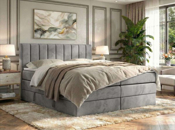 Boxspringbett mit Matratze H3 ALVER KING, Doppelbett, gepolstertes Polsterbett, 7-Zonen-Multipocket-Kern H3, hohe Kopfteil - Topper Visco - Hellgrau Velvet