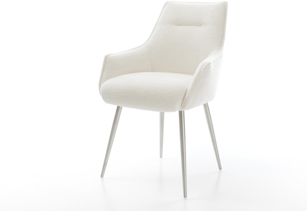 Esszimmerstuhl Alja-Flex mit Armlehnen Bouclé Soft Beige 4-Fuß konisch Edelstahl Taschenfederkern