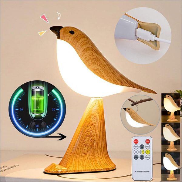 QUBEBU LED Nachttischlampe Nachtlicht Kabellos Tischlampe Vogel Diffuser Touch Dimmbare Aufladbar, Dimmbar & Timer, LED fest integriert, mit Fernbedienung, 2600mAh, Kaltweiß & Warmweiß & Neutralweiß, Nachtlicht für Kinder Erwachsene, kreative Geschenke...