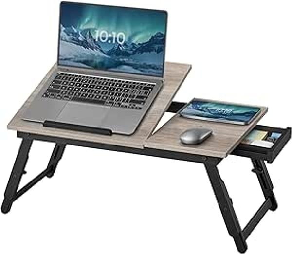 SONGMICS Laptoptisch für Bett, Laptopständer, Frühstückstablett, klappbare Beine, Bambusbeine, höhenverstellbar, mit Schublade, 55,5 x 34,9 cm, für Laptops bis 15,6 Zoll, greige
