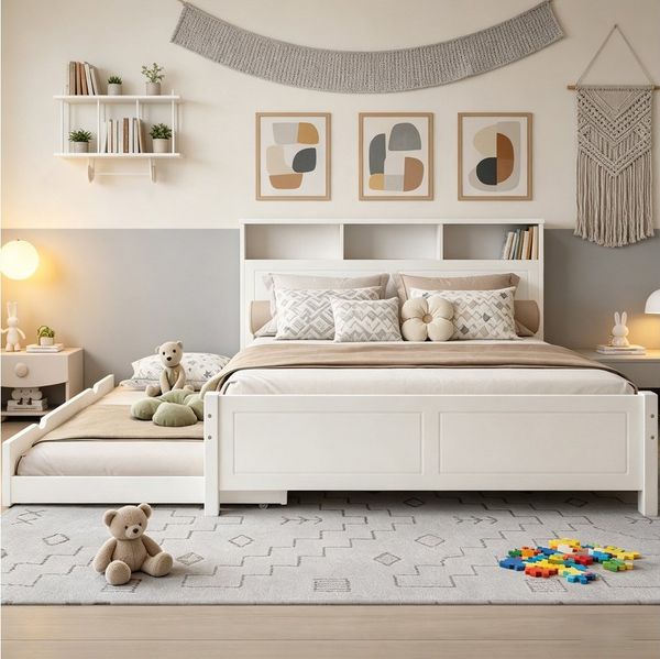 REDOM Holzbett mit Ausziehbett, Ladebuchse & LED-Umgebungslicht (Kinderbett, Familien-Spleißbett, Kopfteil-Aufbewahrung, 120x200 & 90x190 cm, für Gäste und Kinderzimmer), ohne Matratze
