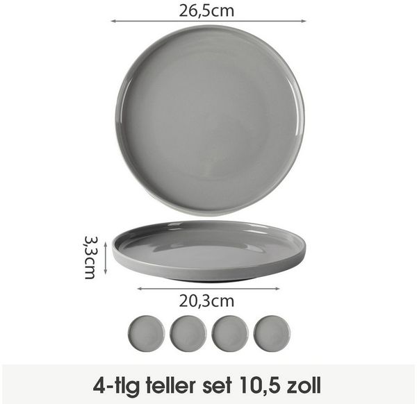 JIWOO Teller 4er Ø26,5cm, Frühstücksteller Salatteller Steakteller Dessertteller, (4 St), Keramik Tellerset Grau Mikrowellen spülmaschinenfest Ø26,5 cm