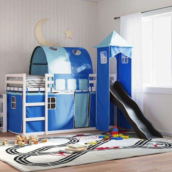 vidaXL Etagenbett mit Rutsche und Gardinen Blau 90x200 cm 3284165