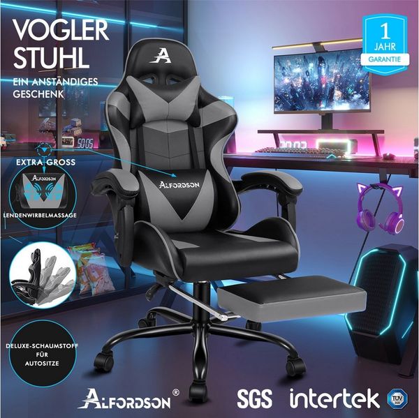 ALFORDSON Gaming-Stuhl Ergonomischer Racing Gaming-Bürostuhl, neigbar und höhenverstellbar, mit gepolsterter Fußstütze, 180 kg Tragkraft