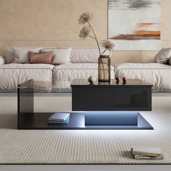 REDOM Couchtisch Hochglanz-Oberfläche (Beistelltisch, Wohnzimmertisch, 1-St, mit LED-Lichtleiste), Verstellbare Tischplatte + Glasplatte