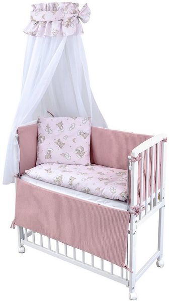 Baby-Delux Beistellbett Babybett Waffelpique Bärchen Rosa, Stillbett 90x40 weiß höhenverstellbar, Matratze inkl. komplett Set