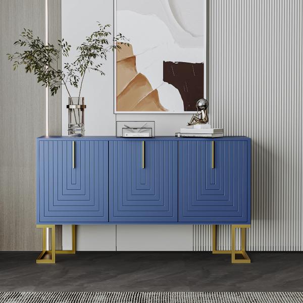 Merax Modernes 3-türiges Sideboard mit verstellbaren Regalen, U-förmigen Schranktüren und Metallgriffen und Sockel für Esszimmer und Küche (Navy blau)