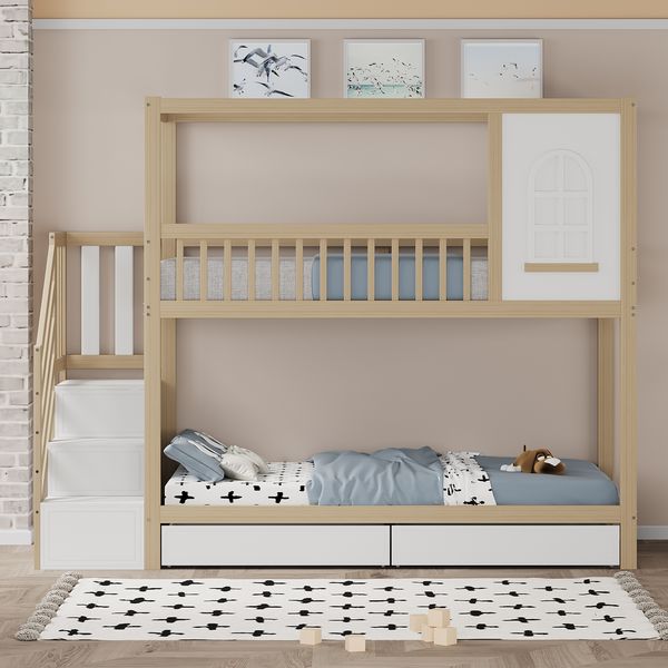 Novelux Etagenbett Kinderbett 90x200 cm mit Treppe & Schubladen – Massivholz Hausbett Weiß/Holzfarbe, Rausfallschutz & Lattenrost für Geschwisterzimmer