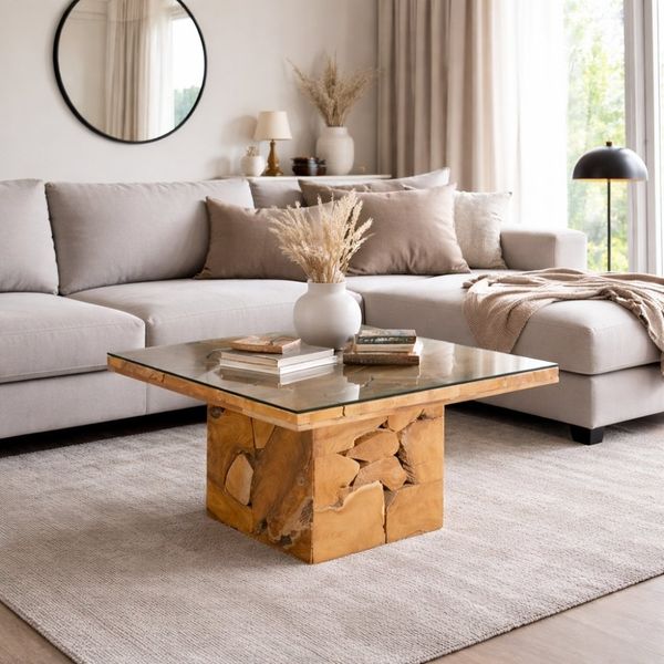 Teak Couchtisch SQUARE ca. 80x80cm inkl. Glasplatte Wohnzimmertisch Sofatisch