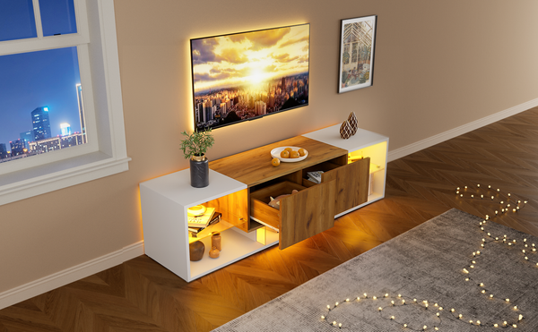 TV-Schrank 160x40x42 cm, Weiß & Eiche-Natur, mit dimmbarer LED-Beleuchtung und 2 Schubladen,Weiß und Originalholzfarbe
