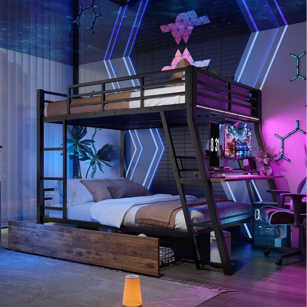 BlingBin Hochbett (1-St, mit Schreibtisch, LED-Beleuchtung, 2 Schubladen und Leiter) 140x200 cm, für Arbeitszimmer, Kinder- und Jugendzimmer, schwarz