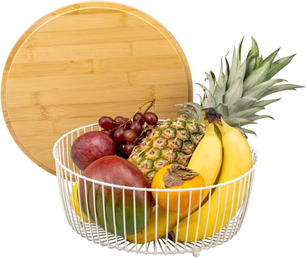 eluno Obstkorb - Brotkorb mit Bambusdeckel, runde Obstschale Metall weiß, ca. 30 x 30 x 10,5 cm (B/H/T)