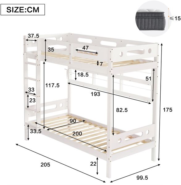Etagenbett 90×200 cm mit Rausfallschutz und Regal, 5-stufiger Leiter, Weiß/Natur, ohne Matratze Bild 5