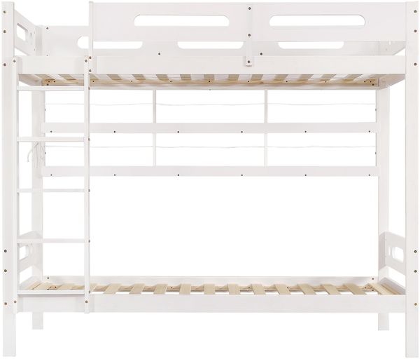Etagenbett 90×200 cm mit Rausfallschutz und Regal, 5-stufiger Leiter, Weiß/Natur, ohne Matratze Bild 6