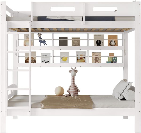 Etagenbett 90×200 cm mit Rausfallschutz und Regal, 5-stufiger Leiter, Weiß/Natur, ohne Matratze Bild 7