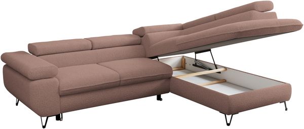 Mks Möbel 'Peter L-form' Ecksofa mit Bettfunktion, Bettkasten & einstellbaren Kopfstützen, Rosa, Boucle, rechts Bild 5