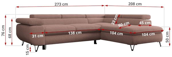Mks Möbel 'Peter L-form' Ecksofa mit Bettfunktion, Bettkasten & einstellbaren Kopfstützen, Rosa, Boucle, rechts Bild 7