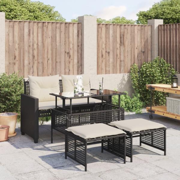 vidaXL 4-tlg. Garten-Sofagarnitur mit Kissen Schwarz Poly Rattan Glas 368134