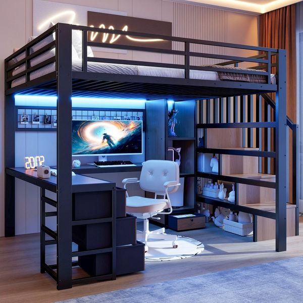 Flieks Hochbett Kinderbett 140x200 cm mit Lichtleiste Stautreppe Schreibtisch Schublade