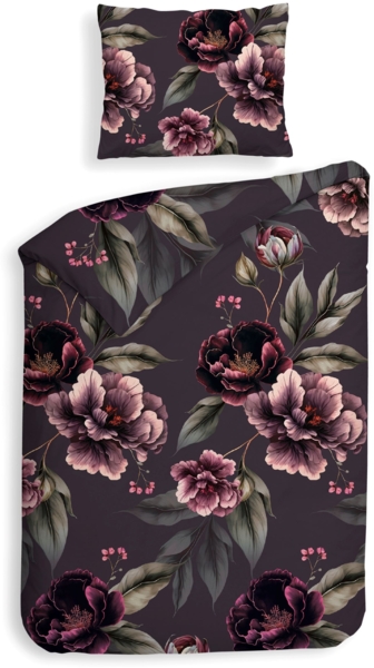 Heckett & Lane Flanell Bettwäsche 135x200 Romee Purple Blüten Blätter aubergine grün