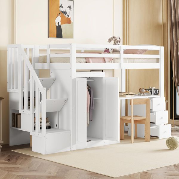 Hochbett 90x200 cm mit integriertem Schreibtisch, Kleiderschrank, 3 Schubladen, offenem Stauschrank und Stauraumtreppe,Weiß