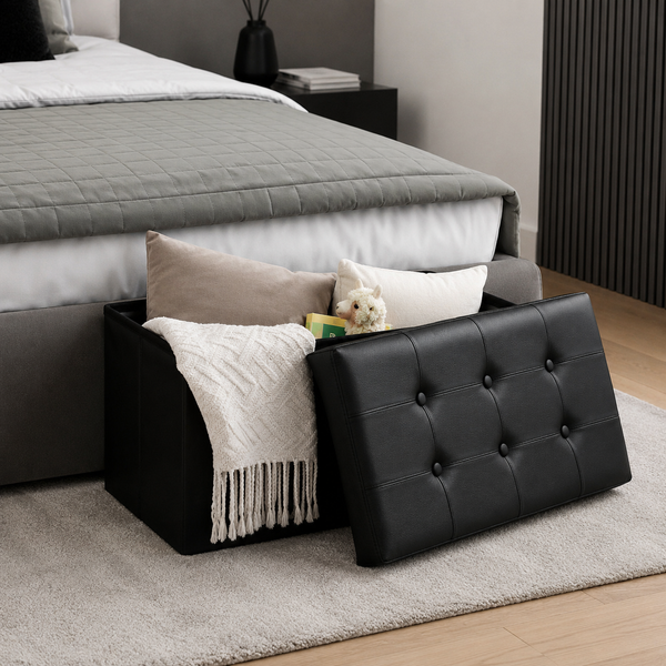 belviona Sitztruhe mit Stauraum, faltbare Sitzbank aus Kunstleder für Wohnzimmer, Flur oder Schlafzimmer, 80 l Volumen, 76 x 38 x 38 cm, schwarz