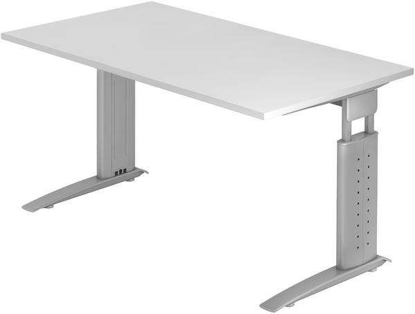 bümö höhenverstellbarer Schreibtisch U-Serie 140x80 weiß, Gestell in Silber - PC Tisch für's Büro manuell höhenverstellbar, Computertisch verstellbar, US-14-W-S
