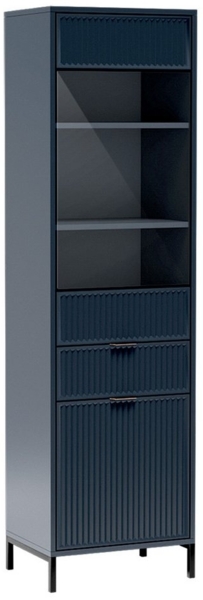 Lomadox Vitrine LAURO-161 Vitrinenschrank Wohnzimmer Indigo blau Rillen B/H/T 55/196/41 cm