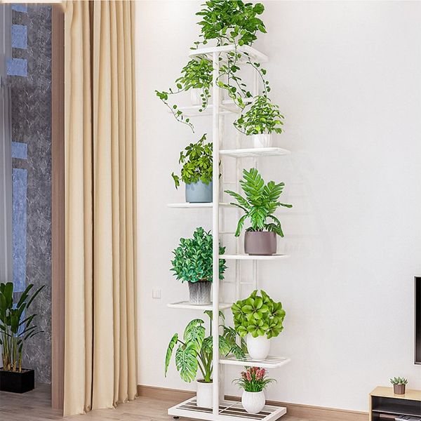 GarveeMore Blumenständer 8-stöckiger Metall-Pflanzenständer, Innen Außen 9 Topfpflanzen-Halter, Etagen-Pflanzenregal Metall-Blumenregal für die Ecke im Wohnzimmer