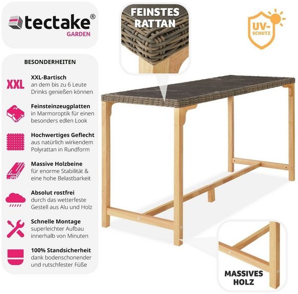 tectake Gartentisch Rattan Bartisch mit Aluminium- und Holzgestell, 161x64,5x99,5cm (Outdoor Esstisch Lovas, 1-St, für Außen in Natur), abnehmbare Feinsteinzeugplatten, wetterfest und UV-beständig