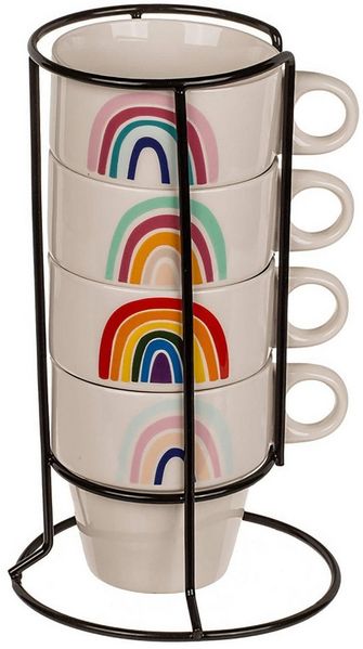 Out of the Blue Tasse 4 Tassen im Metallständer - Stapelbares 5-teiliges Set Regenbogen, 5-tlg, New Bone China, Metall, Spülmaschinenfest, Mikrowellengeeignet, Stapelbar